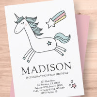 Joli Doodle Unicorn Étoiles Anniversaire Invitatio