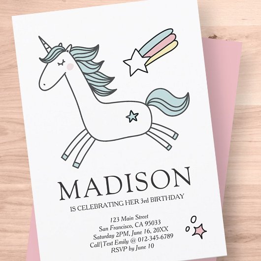 Invitation Joli Doodle Unicorn Étoiles Anniversaire Invitatio