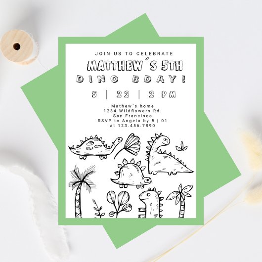 Invitation Joli Doodles Sage Green Dino Party Anniversaire de