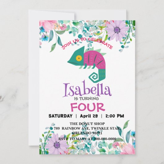 Invitation Joli dragon jungle Animaux Anniversaire Fleurs enf (Devant)