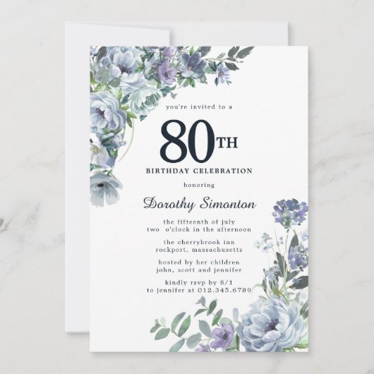 Invitation Joli Dusty Blue Floral 80e anniversaire (Devant)
