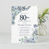 Invitation Joli Dusty Blue Floral 80e anniversaire (Debout devant)