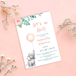 Invitation Joli Eléphant Aquarelle Balloon Baby shower rose