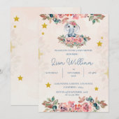 Invitation Joli éléphant bleu Pêche vert Baby shower Floral (Devant / Derrière)