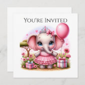 Invitation Joli éléphant d'anniversaire en Robe Rose et Tiara (Devant / Derrière)