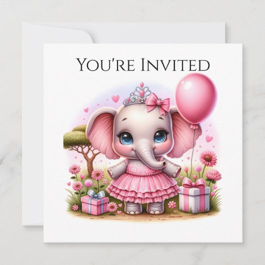 Invitation Joli éléphant d'anniversaire en Robe Rose et Tiara (Devant)