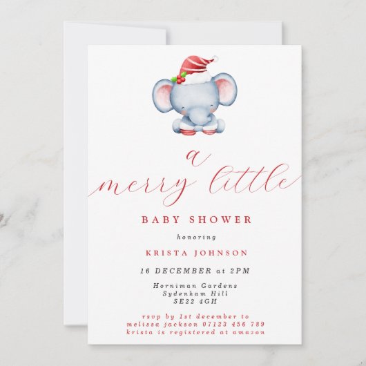Invitation Joli éléphant de Noël Joyeux petit Baby shower (Devant)