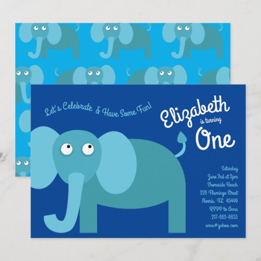 Invitation Joli Elephant Enfants 1er anniversaire fêtes Invit (Devant / Derrière)