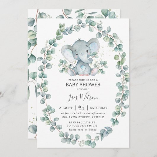 Invitation Joli éléphant Eucalyptus Baby shower vert garçon (Devant / Derrière)