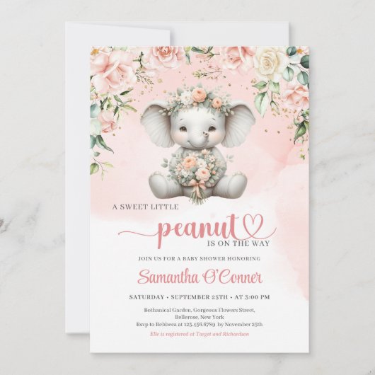 Invitation Joli éléphant fille avec bouquet de fleurs rousses (Devant)