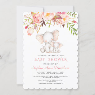 Invitation Joli Eléphant Fleurs roses Baby shower fille