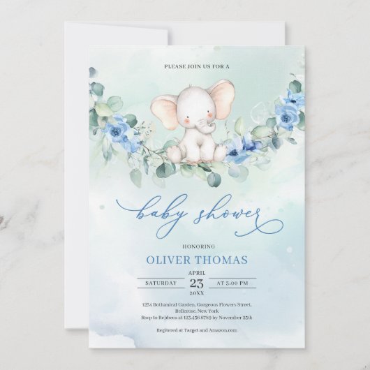 Invitation Joli éléphant garçon Fleurs bleu Dusty Eucalyptus (Devant)