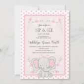 Invitation Joli éléphant rose points fleurs Sip See Bébé (Devant)