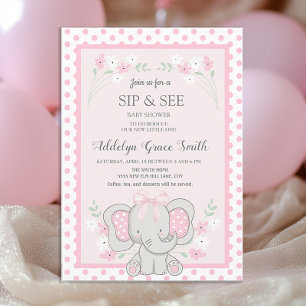 Invitation Joli éléphant rose points fleurs Sip See Bébé