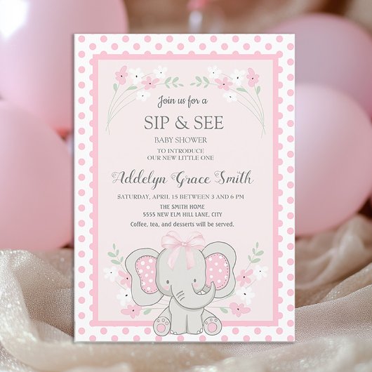 Invitation Joli éléphant rose points fleurs Sip See Bébé
