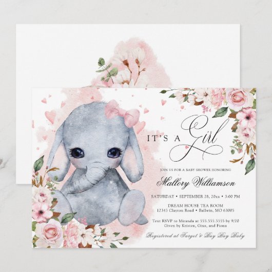 Invitation Joli Eléphant Rose Rose Baby shower fille (Devant / Derrière)