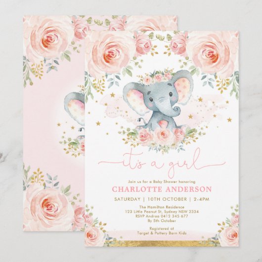 Invitation Joli Eléphant Roses Roses Roses Rose Bébé Fille Do (Devant / Derrière)