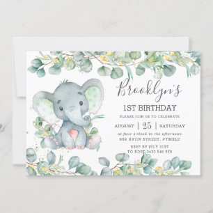 Invitation Joli Eléphant Vert Eucalyptus Anniversaire
