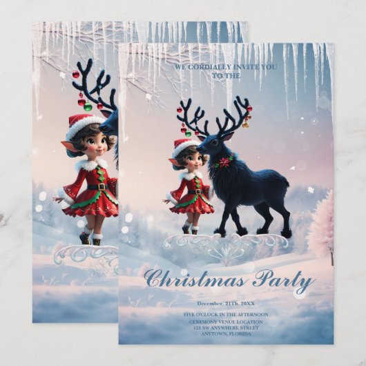 Invitation Joli elfe de Noël et rennes foncés. (Devant / Derrière)