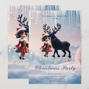 Invitation Joli elfe de Noël et rennes foncés.