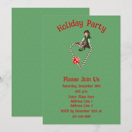 Invitation Joli Elfe En Sucre de canne Coeur Noël (Devant / Derrière)