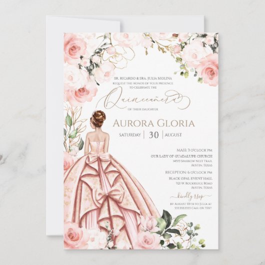 Invitation Joli en rose belle Rose blush Quinceañera en (Devant)