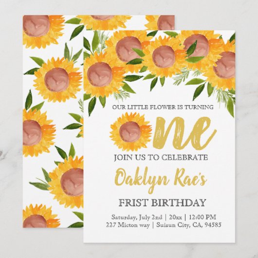 Invitation Joli enfant floral de tournesol premier anniversai (Devant / Derrière)