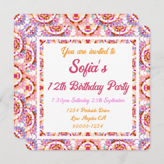 Invitation Joli été rose vert pourpre de fille Anniversaire (Devant / Derrière)