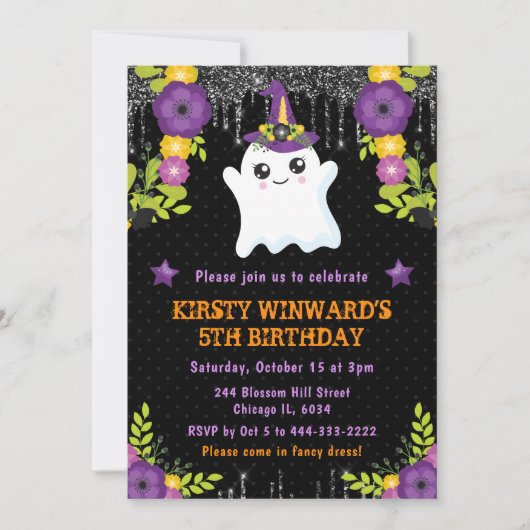 Invitation Joli Fantôme Floral Anniversaire Halloween (Devant)