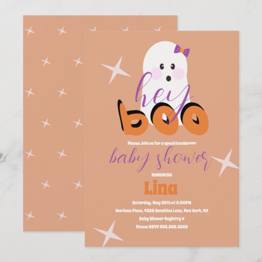 Invitation Joli fantôme Halloween Baby Shower Script rétro  (Devant / Derrière)