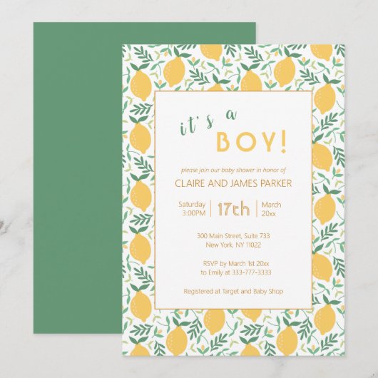 Invitation Joli feuillage de citron jaune | Baby Boy Shower (Devant / Derrière)