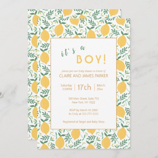 Invitation Joli feuillage de citron jaune | Baby shower garço (Devant / Derrière)