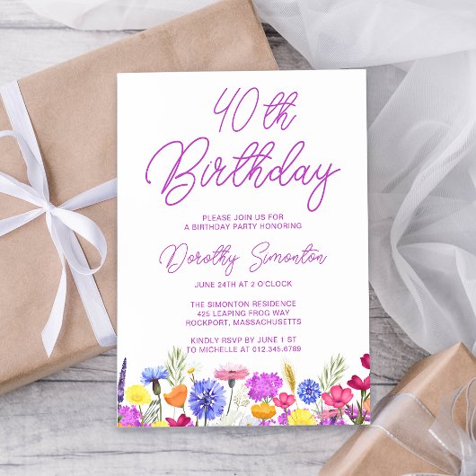 Invitation Joli Fleur sauvage pourpre Adulte 40e Anniversaire