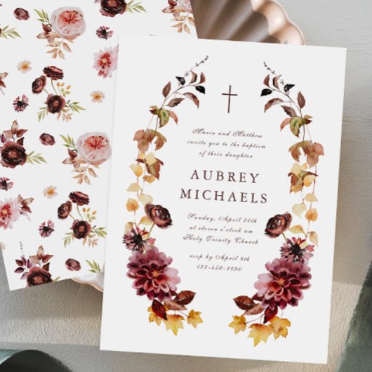 Invitation Joli Fleur sauvage Simple Croix Baptême de fille