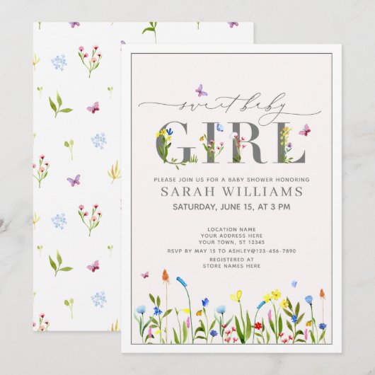 Invitation Joli Fleur sauvage Sweet Baby Girl Script douche (Devant / Derrière)