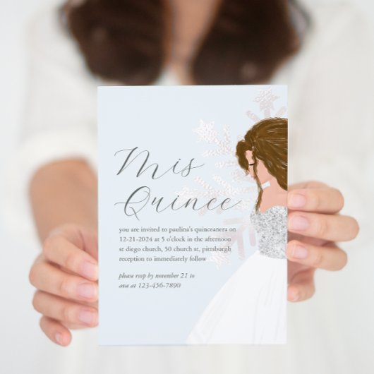 Invitation Joli Flocon de neige bleu hiver Cheveux foncé Mis 