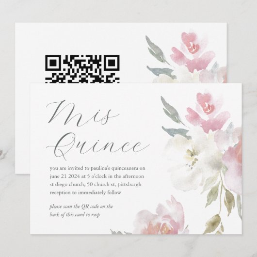 Invitation Joli Floral 15e Anniversaire Quinceañera QR Code (Devant / Derrière)