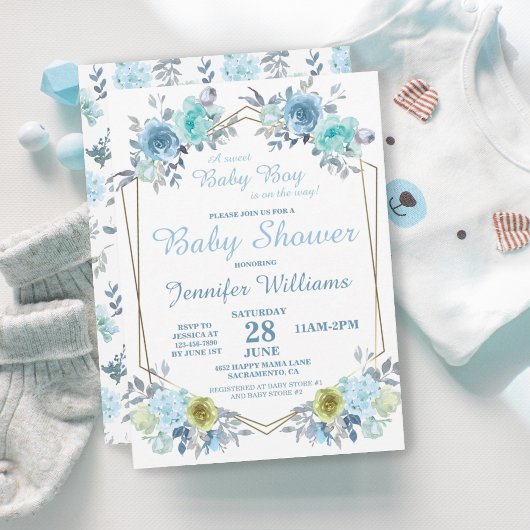 Invitation Joli Floral Bleu C'est un Baby shower garçon