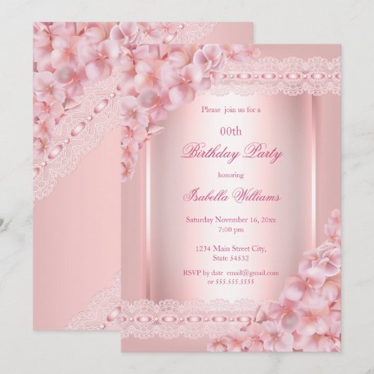 Invitation Joli Floral blush Dentelle rose Anniversaire (Devant / Derrière)
