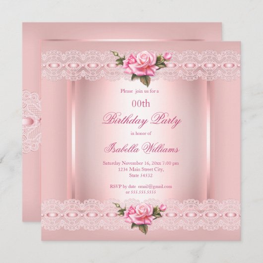 Invitation Joli floral Blush rose Roses dentelle Anniversaire (Devant / Derrière)