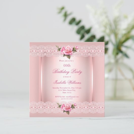 Invitation Joli floral Blush rose Roses dentelle Anniversaire (Debout devant)