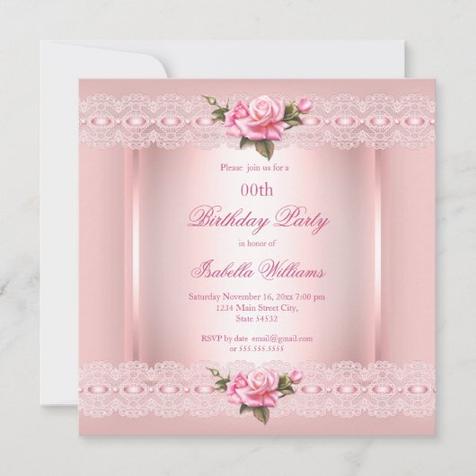Invitation Joli floral Blush rose Roses dentelle Anniversaire (Devant)