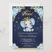 Invitation Joli Floral Prince Elephant Marine Baby shower ble (Devant)