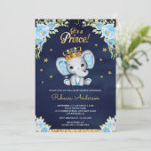 Invitation Joli Floral Prince Elephant Marine Baby shower ble (Debout devant)