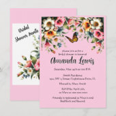 Invitation Joli floral rose avec Fête des mariées papillon (Devant / Derrière)