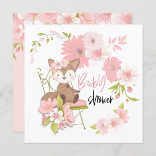 Invitation Joli Fox Rose Fleurs Blanches Fille Baby shower