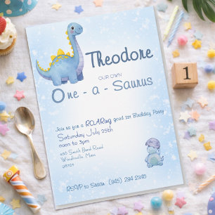 Invitation Joli garçon bleu aquarelle One-a-Saurus 1er annive