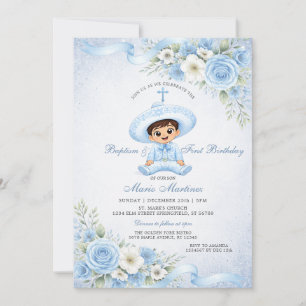 Invitation Joli garçon charro poussiéreux bleu floral baptême