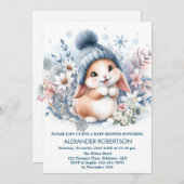 Invitation Joli garçon lapin thème forêt d'hiver aquarelle  (Devant / Derrière)