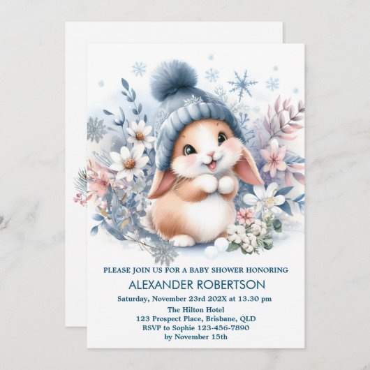 Invitation Joli garçon lapin thème forêt d'hiver aquarelle (Devant / Derrière)
